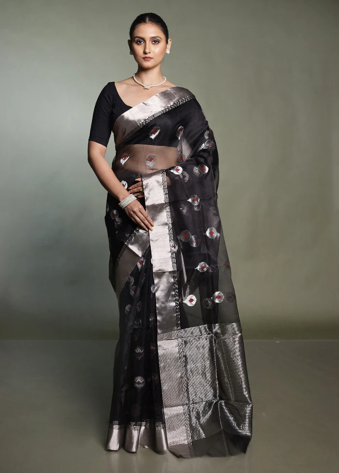 Black Handloom Chanderi Pure Cotton Saree With Blouse Piece - Image 2