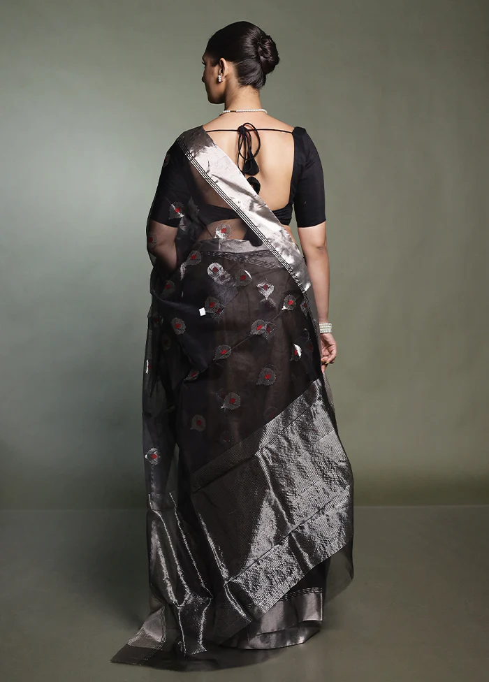 Black Handloom Chanderi Pure Cotton Saree With Blouse Piece - Image 3
