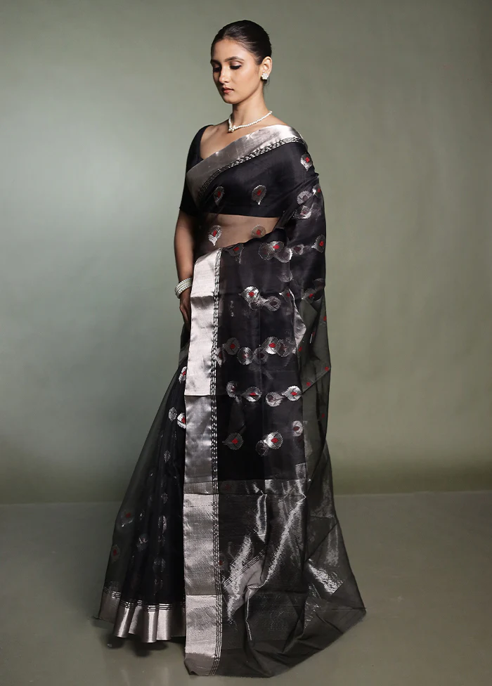 Black Handloom Chanderi Pure Cotton Saree With Blouse Piece - Image 4