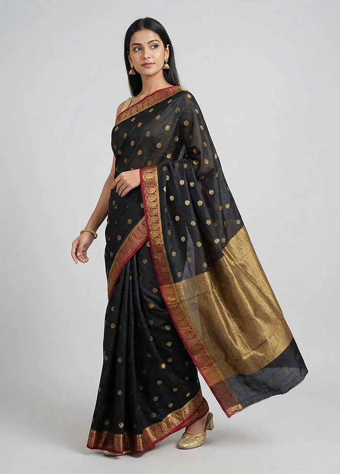 Black Handloom Chanderi Pure Silk Saree With Blouse Piece