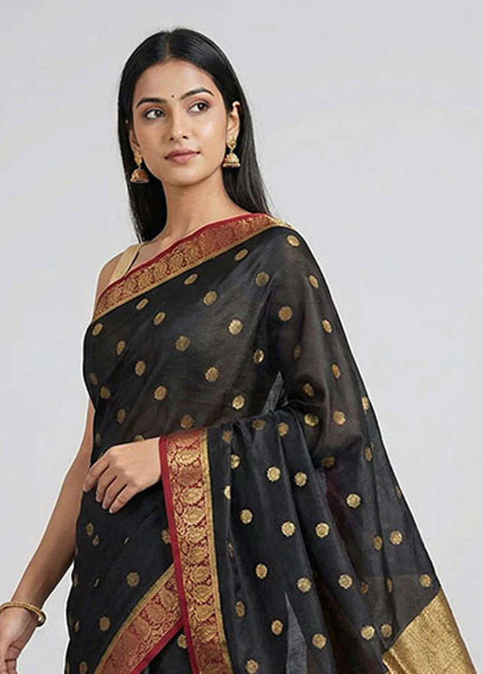 Black Handloom Chanderi Pure Silk Saree With Blouse Piece - Image 2