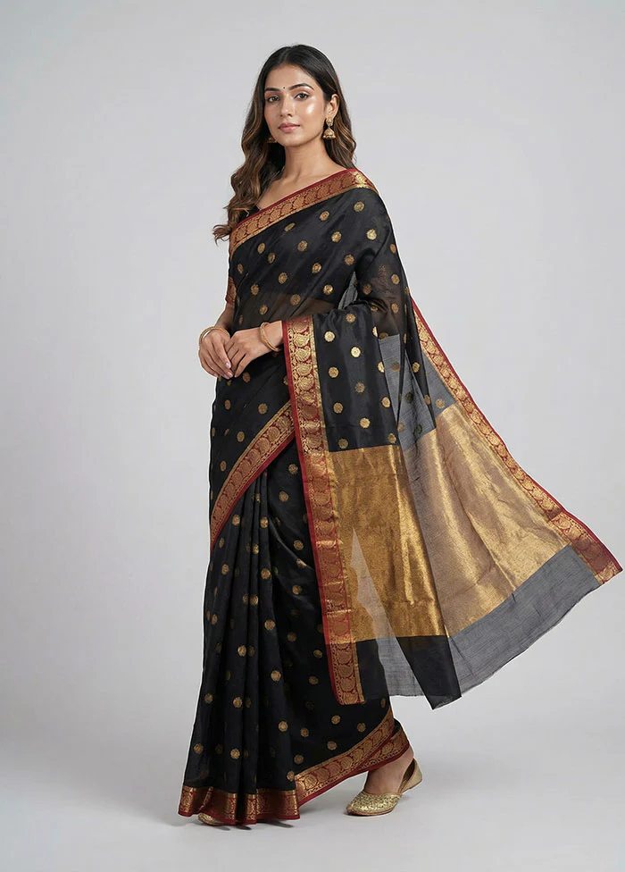 Black Handloom Chanderi Pure Silk Saree With Blouse Piece
