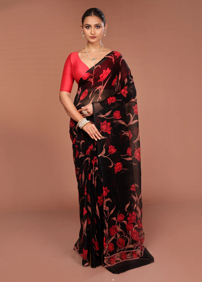 Black Handloom Chiffon Pure Silk Saree With Blouse Piece - Image 2