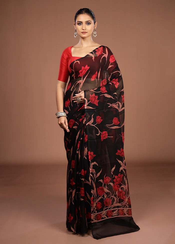Black Handloom Chiffon Pure Silk Saree With Blouse Piece - Image 2