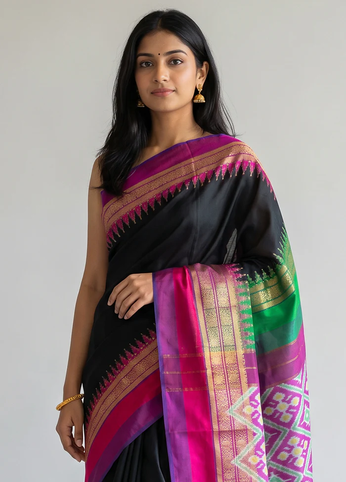 Black Handloom Ikkat Pure Silk Saree With Blouse Piece - Image 2