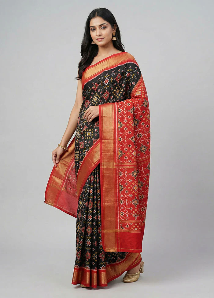 Black Handloom Ikkat Pure Silk Saree With Blouse Piece