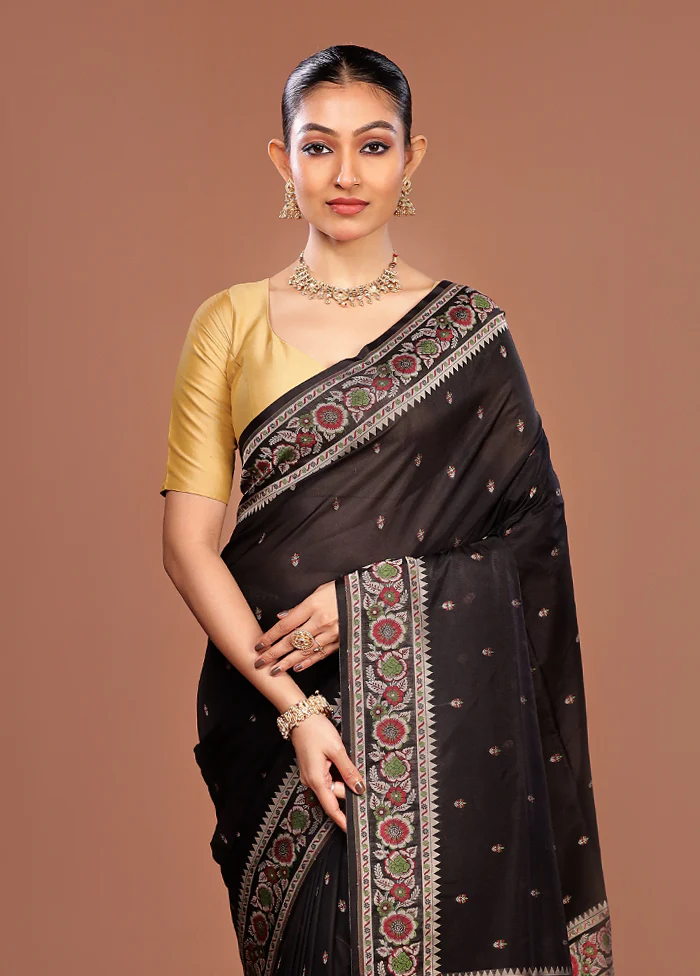 Black Handloom Jamewar Pure Silk Saree With Blouse Piece
