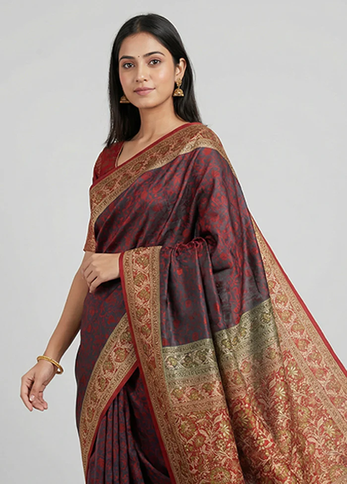Black Handloom Jamewar Pure Silk Saree With Blouse Piece - Image 2