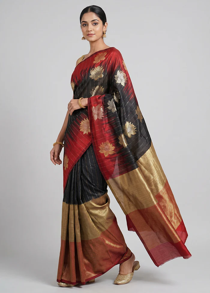 Black Handloom Kanchipuram Pure Silk Saree With Blouse Piece