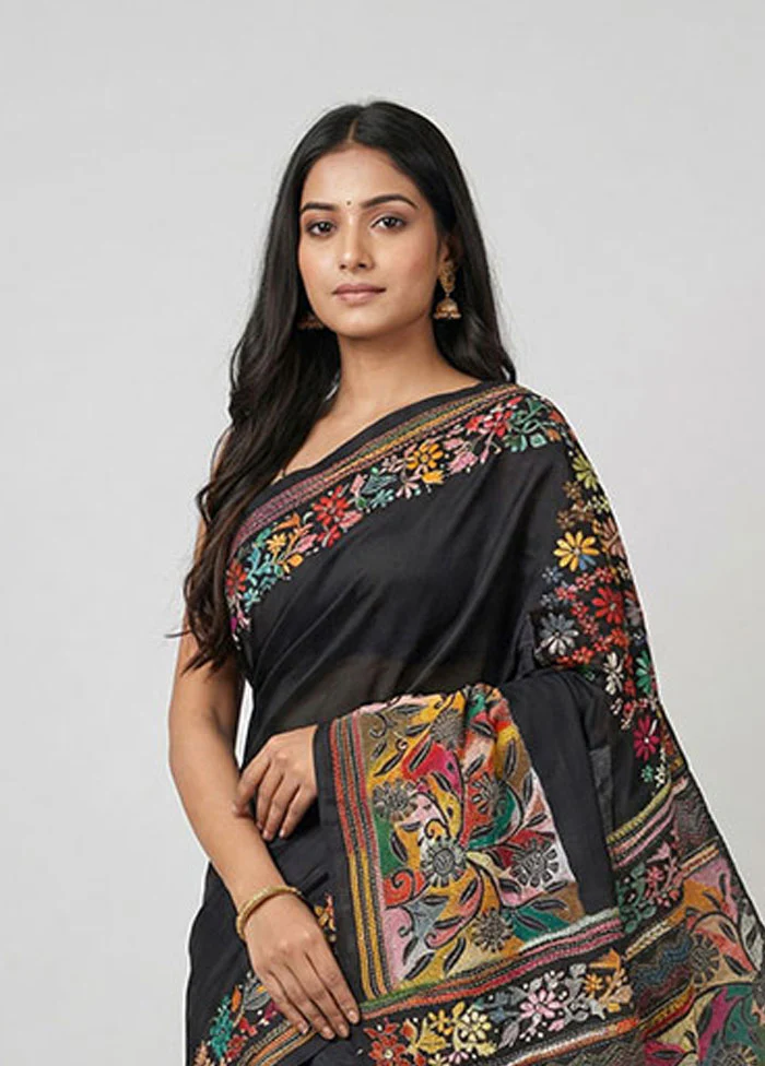 Black Handloom Kantha Stitch Pure Silk Saree With Blouse Piece - Image 2