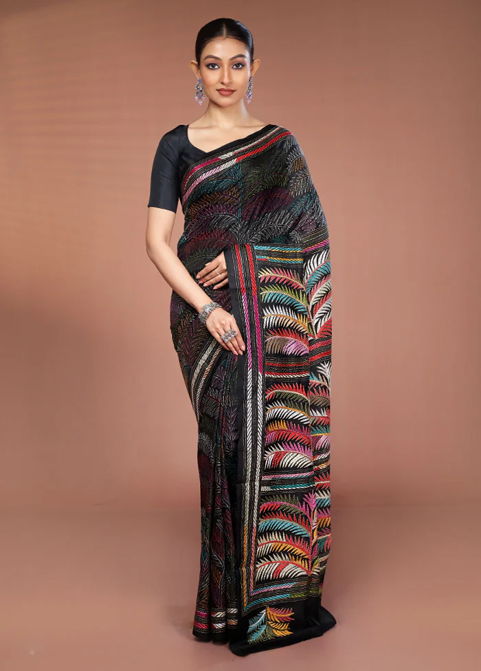 Black Handloom Kantha Stitch Pure Silk Saree With Blouse Piece - Image 2