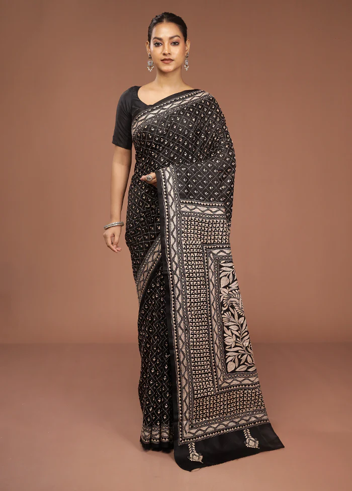 Black Handloom Kantha Stitch Pure Silk Saree With Blouse Piece - Image 2