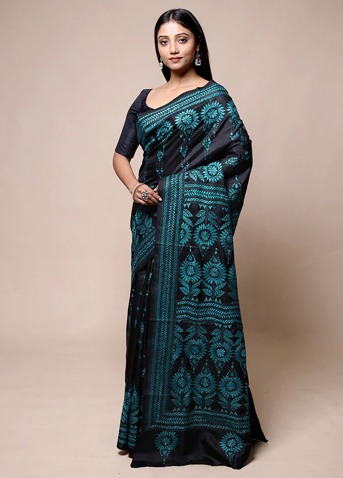 Black Handloom Kantha Stitch Pure Silk Saree With Blouse Piece - Image 4