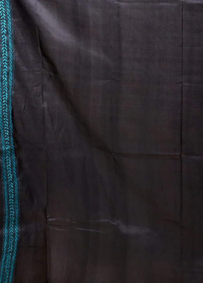 Black Handloom Kantha Stitch Pure Silk Saree With Blouse Piece - Image 5