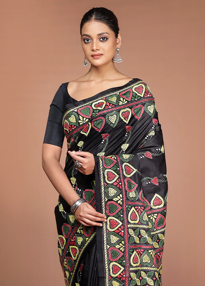 Black Handloom Kantha Stitch Pure Silk Saree With Blouse Piece