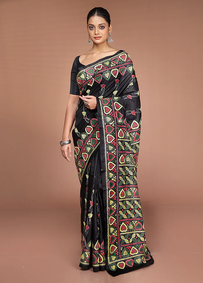 Black Handloom Kantha Stitch Pure Silk Saree With Blouse Piece - Image 2