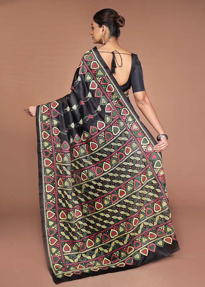 Black Handloom Kantha Stitch Pure Silk Saree With Blouse Piece - Image 3
