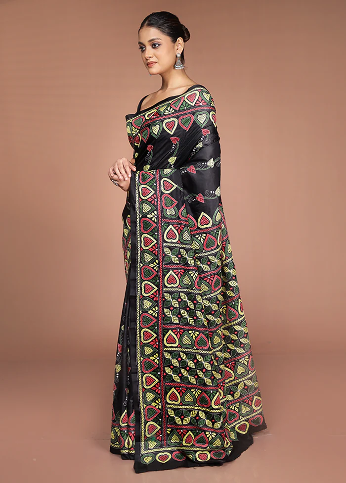 Black Handloom Kantha Stitch Pure Silk Saree With Blouse Piece - Image 4