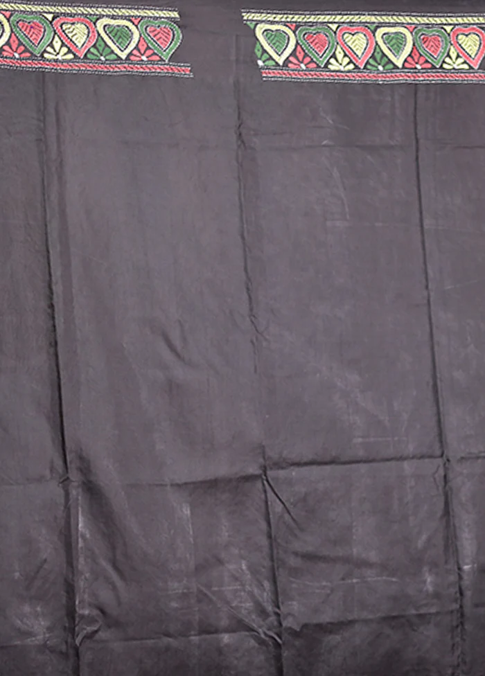 Black Handloom Kantha Stitch Pure Silk Saree With Blouse Piece - Image 5