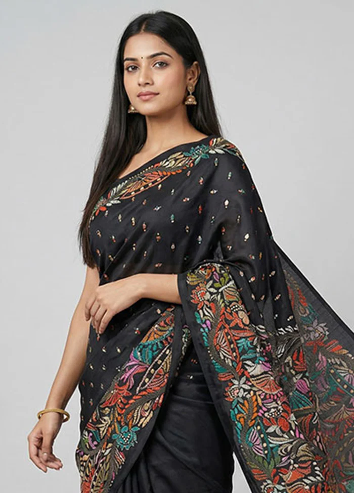 Black Handloom Kantha Stitch Pure Silk Saree With Blouse Piece - Image 2