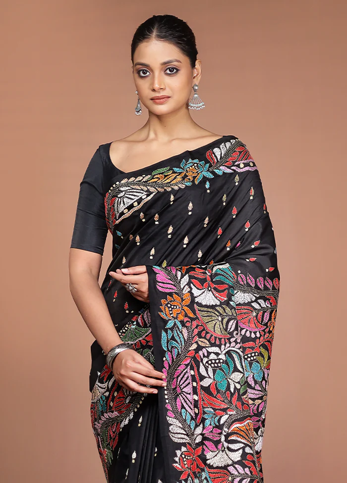 Black Handloom Kantha Stitch Pure Silk Saree With Blouse Piece