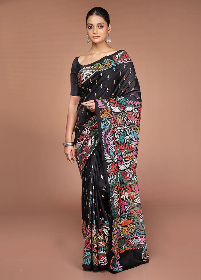 Black Handloom Kantha Stitch Pure Silk Saree With Blouse Piece - Image 2