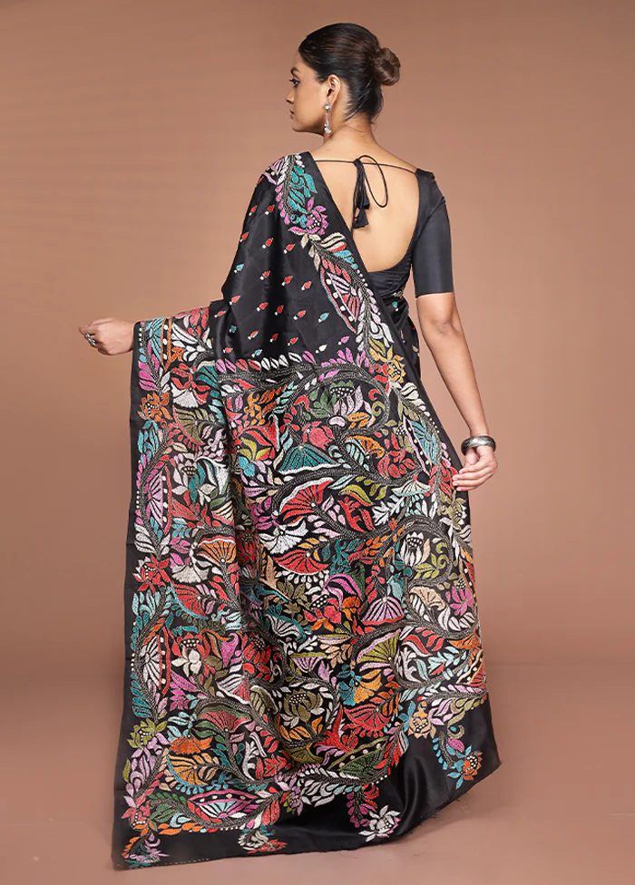 Black Handloom Kantha Stitch Pure Silk Saree With Blouse Piece - Image 3