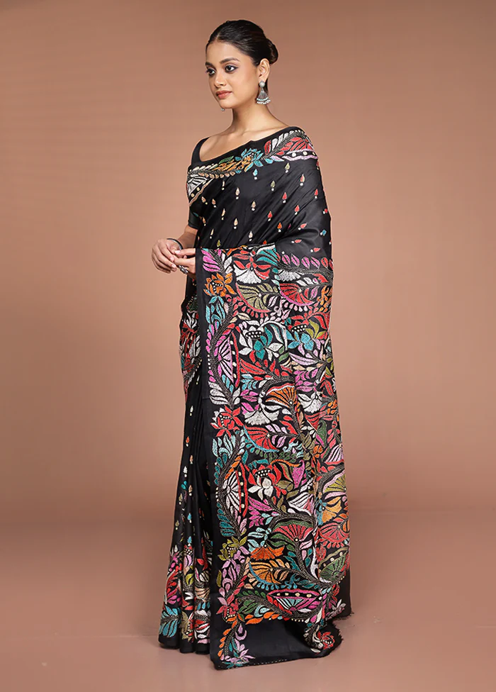 Black Handloom Kantha Stitch Pure Silk Saree With Blouse Piece - Image 4