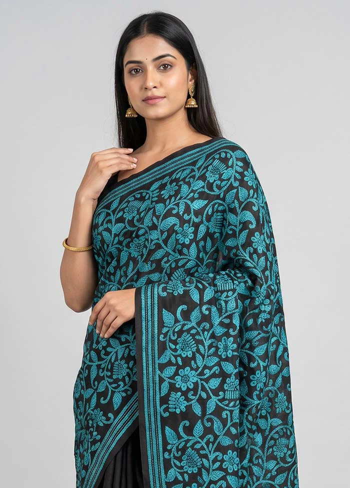 Black Handloom Kantha Stitch Pure Silk Saree With Blouse Piece - Image 2