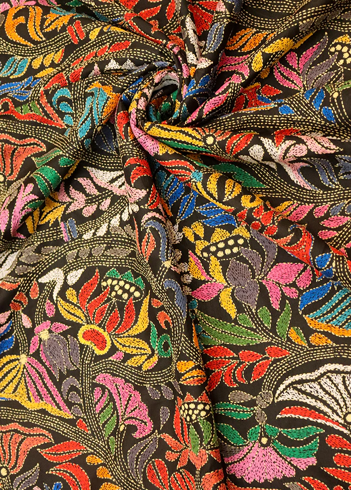 Black Handloom Kantha Stitch Pure Silk Saree With Blouse Piece - Image 2