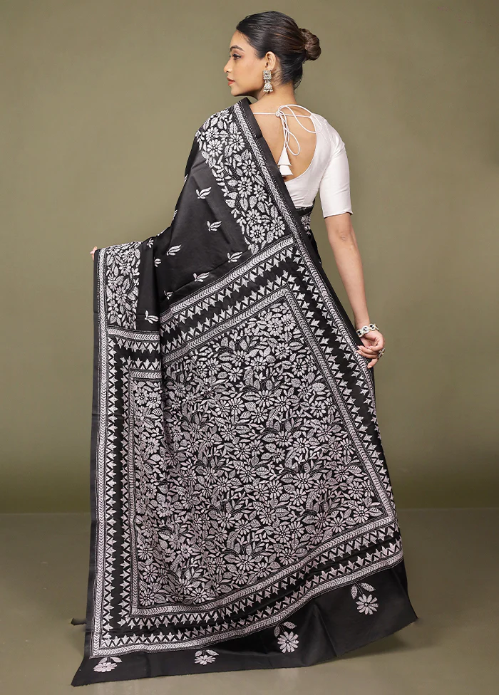 Black Handloom Kantha Stitch Pure Silk Saree With Blouse Piece - Image 3