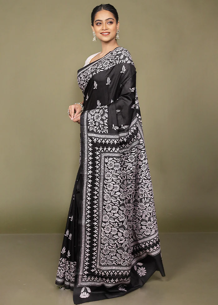 Black Handloom Kantha Stitch Pure Silk Saree With Blouse Piece - Image 4