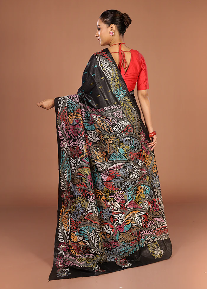 Black Handloom Kantha Stitch Pure Silk Saree With Blouse Piece - Image 3