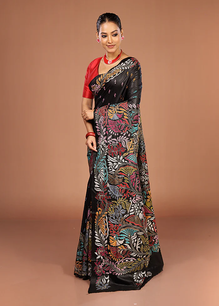 Black Handloom Kantha Stitch Pure Silk Saree With Blouse Piece - Image 4