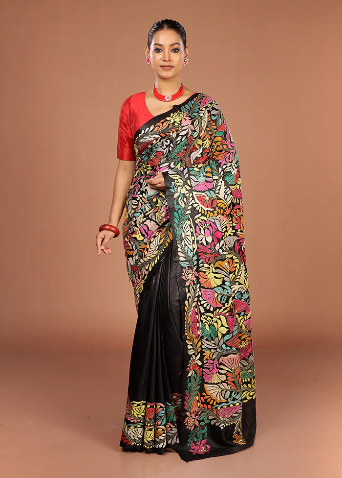 Black Handloom Kantha Stitch Pure Silk Saree With Blouse Piece - Image 2