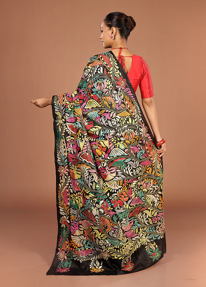Black Handloom Kantha Stitch Pure Silk Saree With Blouse Piece - Image 3