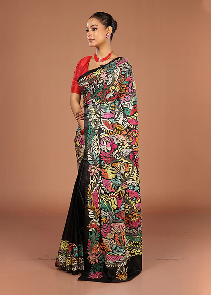 Black Handloom Kantha Stitch Pure Silk Saree With Blouse Piece - Image 4
