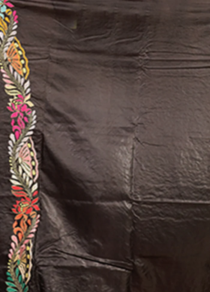 Black Handloom Kantha Stitch Pure Silk Saree With Blouse Piece - Image 5