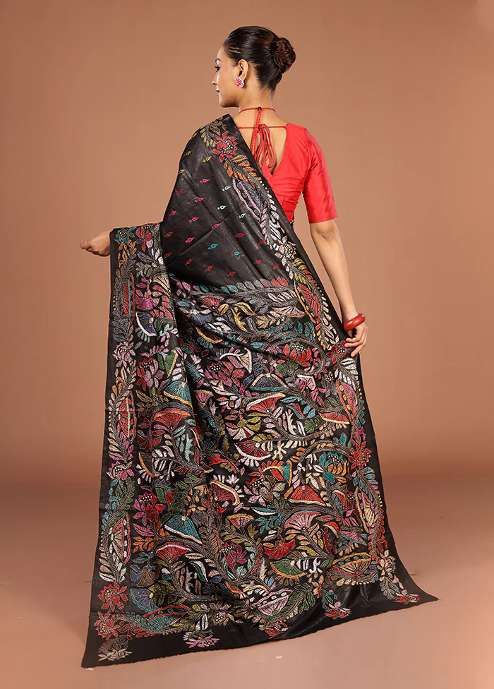 Black Handloom Kantha Stitch Pure Silk Saree With Blouse Piece - Image 3