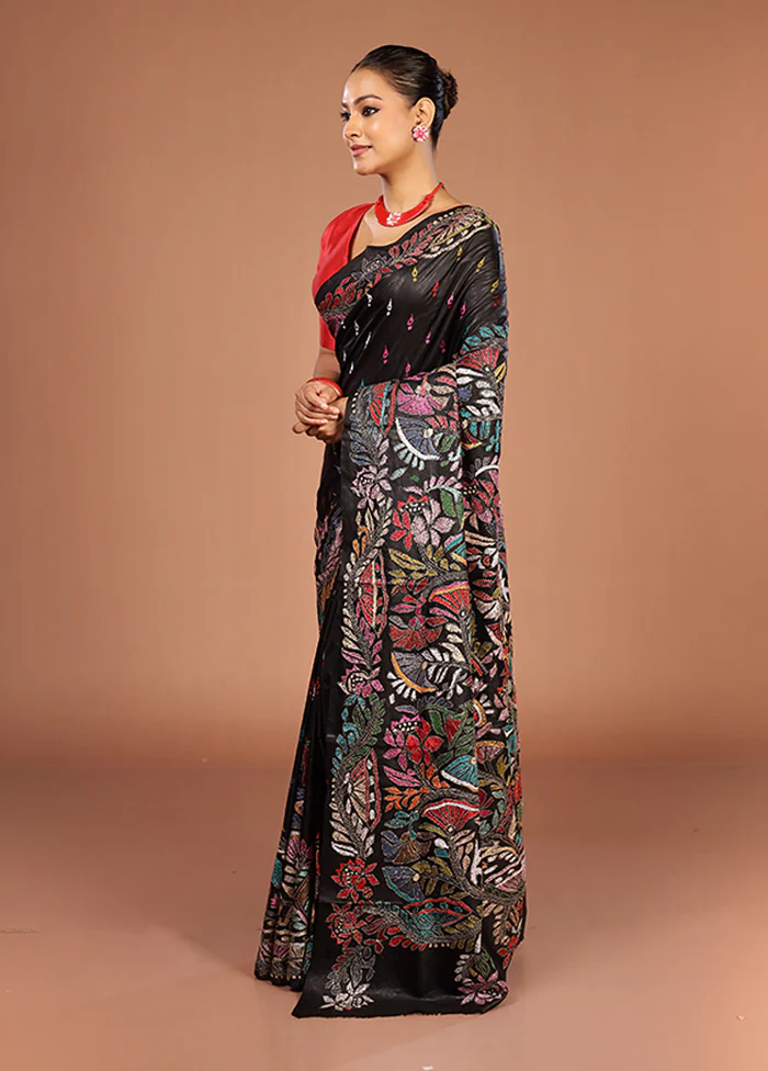 Black Handloom Kantha Stitch Pure Silk Saree With Blouse Piece - Image 4
