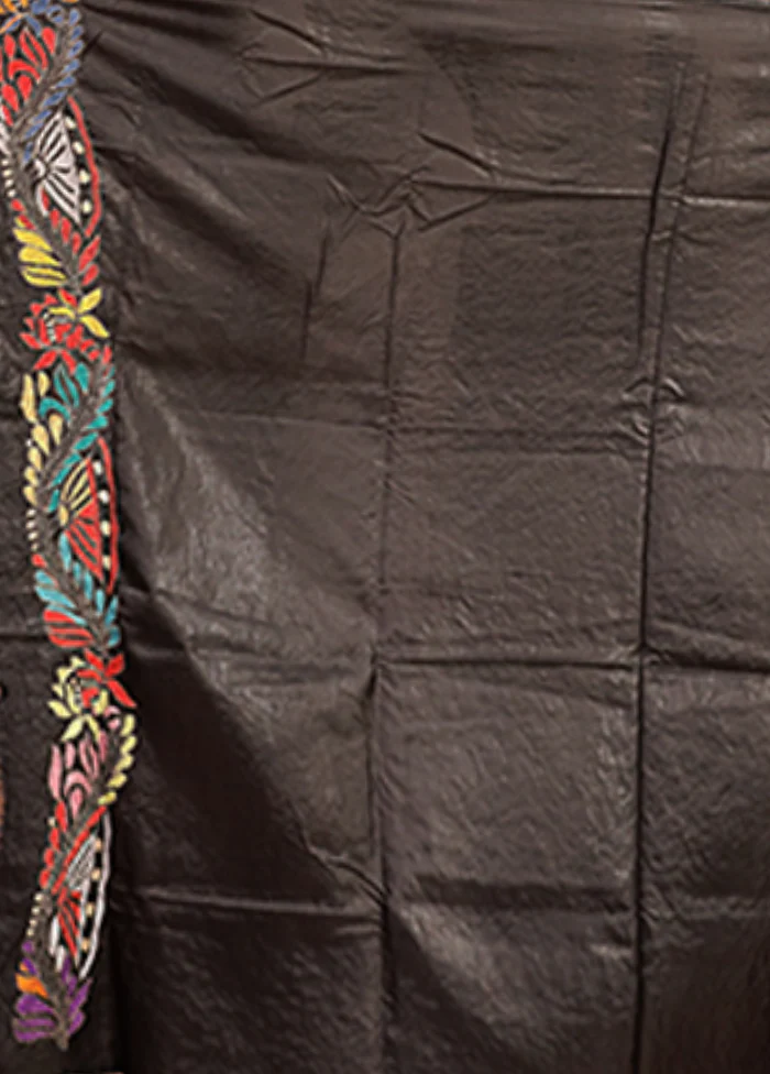 Black Handloom Kantha Stitch Pure Silk Saree With Blouse Piece - Image 5