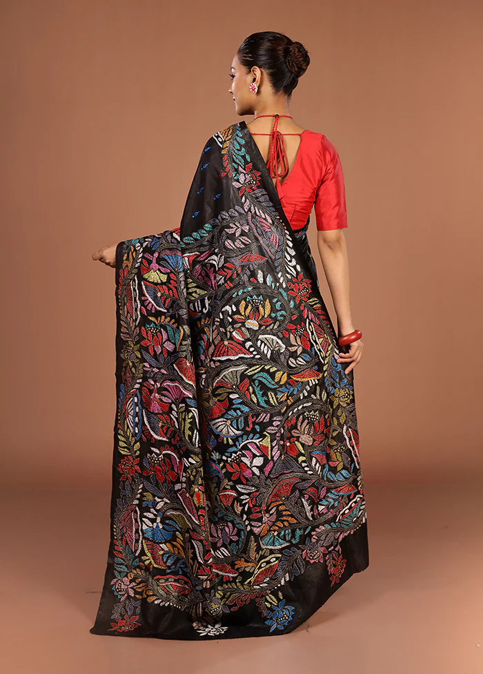 Black Handloom Kantha Stitch Pure Silk Saree With Blouse Piece - Image 3