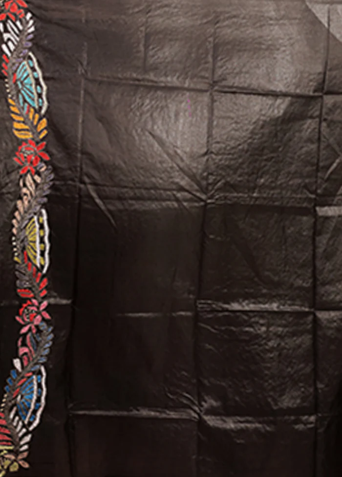 Black Handloom Kantha Stitch Pure Silk Saree With Blouse Piece - Image 5