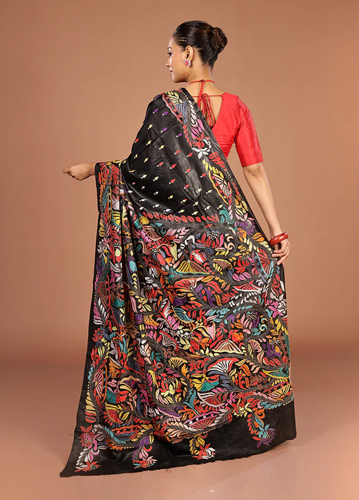 Black Handloom Kantha Stitch Pure Silk Saree With Blouse Piece - Image 3