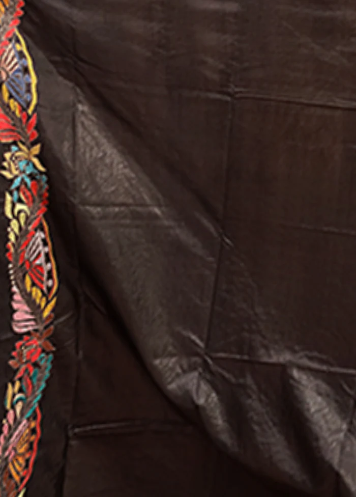 Black Handloom Kantha Stitch Pure Silk Saree With Blouse Piece - Image 5