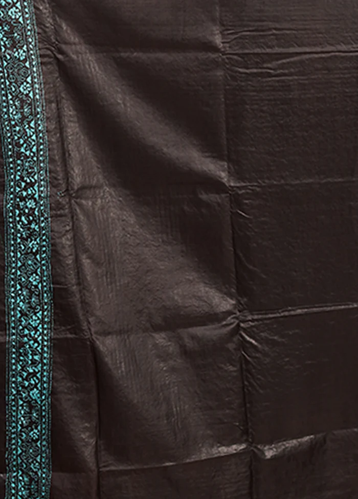Black Handloom Kantha Stitch Pure Silk Saree With Blouse Piece - Image 5