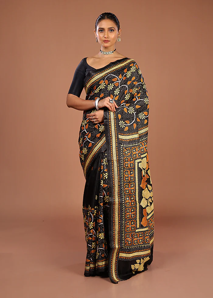 Black Handloom Kantha Stitch Pure Silk Saree With Blouse Piece - Image 2