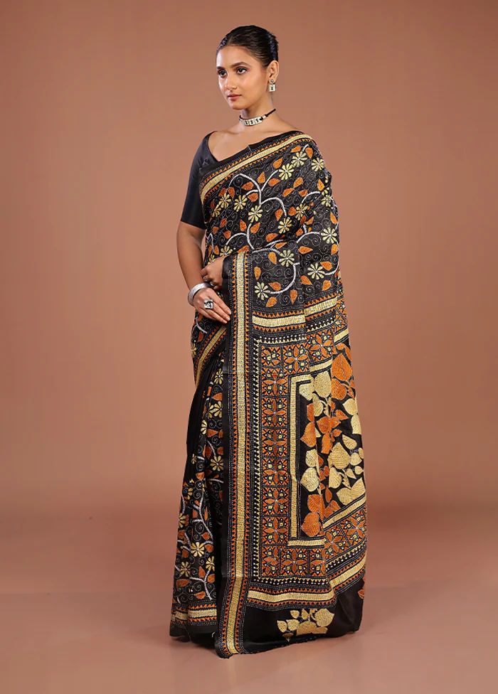 Black Handloom Kantha Stitch Pure Silk Saree With Blouse Piece - Image 4