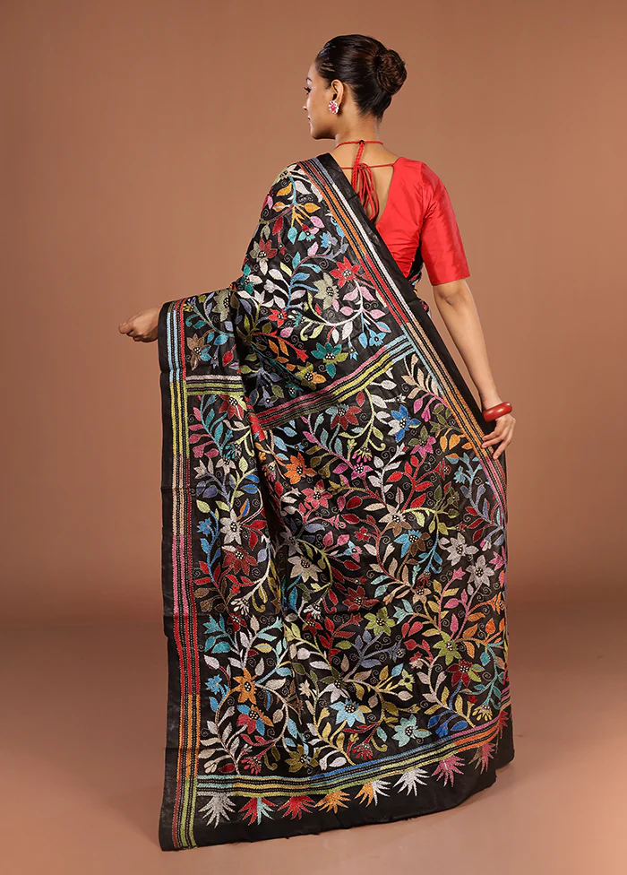 Black Handloom Kantha Stitch Pure Silk Saree With Blouse Piece - Image 3
