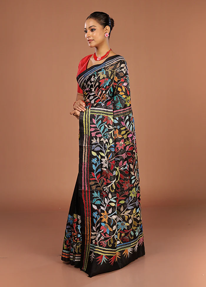Black Handloom Kantha Stitch Pure Silk Saree With Blouse Piece - Image 4